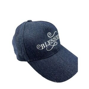 Blessed Embroidered Denim Baseball Cap Hat Dark Wash Blue Cotton Snapback Adjust